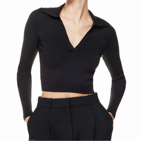 Aritzia Babaton Black Sculpt Knit Long Sleeve Polo Cropped Ribbed Knit Top XS - Picture 2 of 8